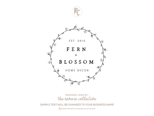 Fern + Blossom | Premade Logo Design | Rustic, Hand Drawn, Wreath, Farmhouse