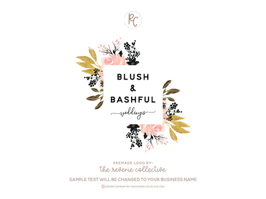 Blush & Bashful | Premade Logo Design | Watercolor Floral, Flower Frame, Pink Roses
