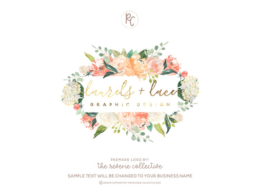 Laurels + Lace | Premade Logo Design | Watercolor Floral, Gold Foil, Wildflower, Wedding