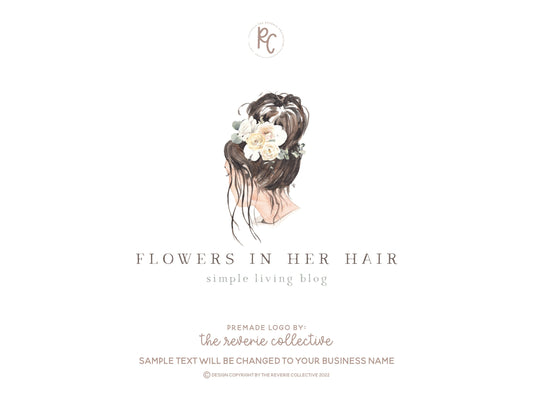 Flowers In Her Hair | Premade Logo Design | Floral, Messy Bun, Woman, Farmhouse, Rustic