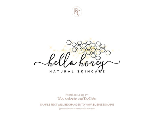 Hello Honey | Premade Logo Design | Honeycomb, Gold Glitter, Farmhouse, Beauty