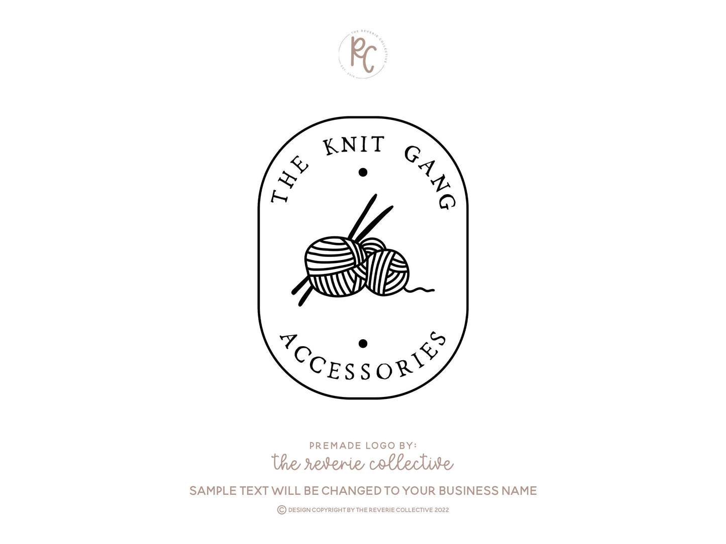 The Knit Gang | Premade Logo Design | Knitting Needles, Yarn, Oval Tag, Hand Drawn