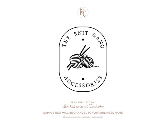 The Knit Gang | Premade Logo Design | Knitting Needles, Yarn, Oval Tag, Hand Drawn