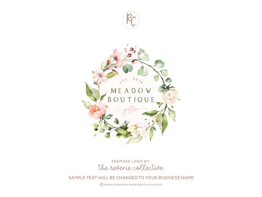 Meadow Boutique | Premade Logo Design | Watercolor Floral, Wreath, Farmhouse