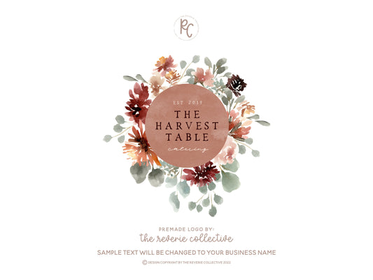 The Harvest Table | Premade Logo Design | Watercolor Floral, Wreath, Autumn, Fall