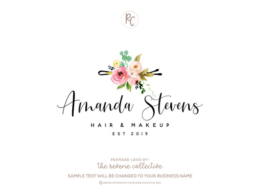 Amanda Stevens | Premade Logo Design | Watercolor Floral, Bobby Pin, Hairstylist, Beauty