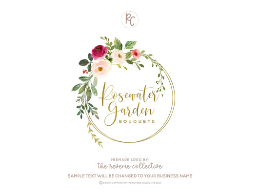 Rosewater Garden | Premade Logo Design | Watercolor Floral, Rose, Botanical, Gold Foil