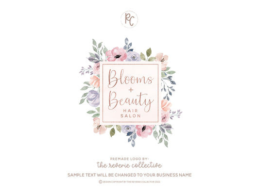 Blooms + Beauty | Premade Logo Design | Romantic, Pastel, Floral, Wreath Frame