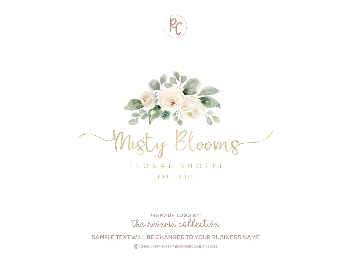 Misty Blooms | Premade Logo Design | White Roses, Floral, Farmhouse, Gold Foil