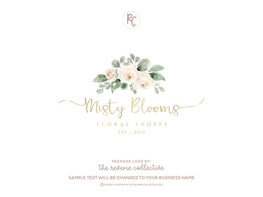 Misty Blooms | Premade Logo Design | White Roses, Floral, Farmhouse, Gold Foil
