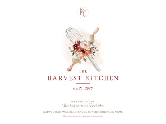 The Harvest Kitchen | Premade Logo Design | Whisk, Rolling Pin, Floral, Autumn, Farmhouse