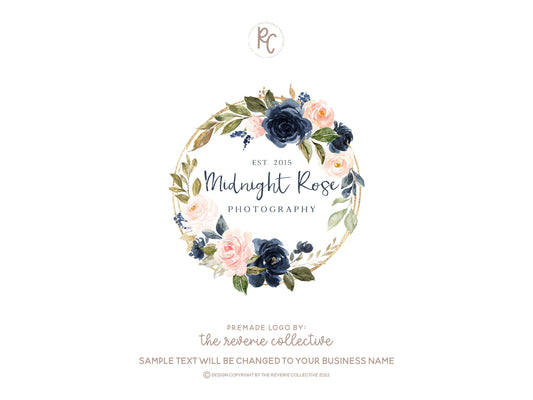 Midnight Rose | Premade Logo Design | Watercolor Floral, Botanical, Wreath, Gold Foil