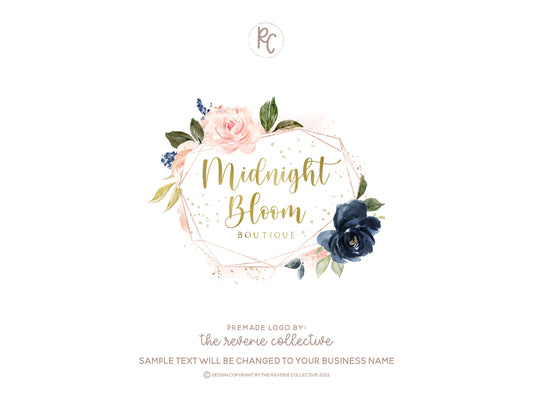Midnight Bloom | Premade Logo Design | Watercolor Roses, Gold Foil, Geometric, Floral