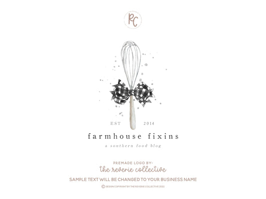 Farmhouse Fixins | Premade Logo Design | Whisk, Ribbon Bow, Buffalo Check, Baking