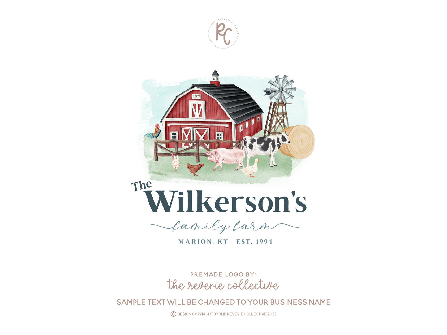 The Wilkerson's | Premade Logo Design | Farm, Red Barn, Cow, Ranch, Chicken, Pig