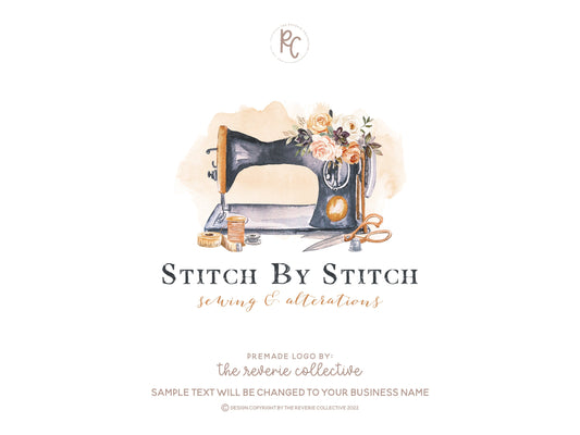 Stitch By Stitch | Premade Logo Design | Sewing Machine, Thread, Needle, Scissors
