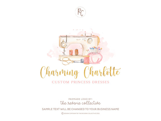 Charming Charlotte | Premade Logo Design | Sewing Machine, Spool, Thread, Needle, Scissors