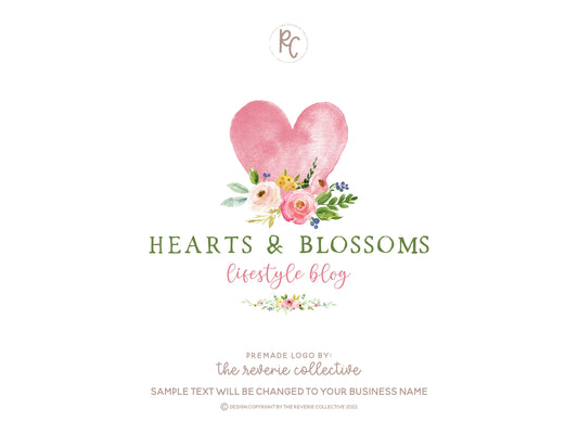 Hearts & Blossoms | Premade Logo Design | Heart, Watercolor Floral, Colorful, Preppy