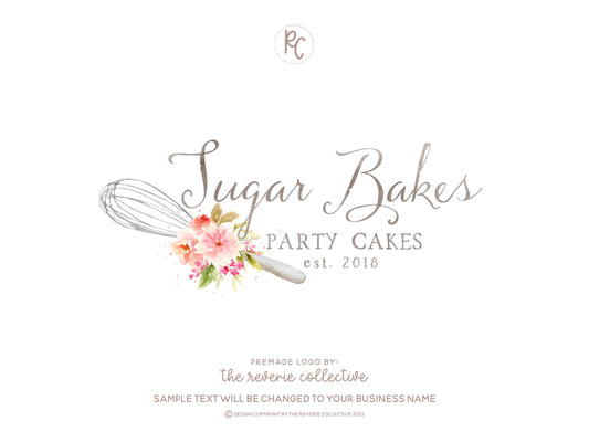 Sugar Bakes | Premade Logo Design | Whisk, Floral, Bakery, Farmhouse, Colorful