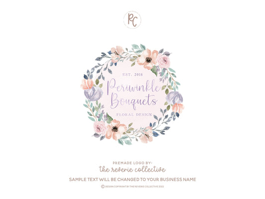 Periwinkle Bouquets | Premade Logo Design | Floral Wreath, Whimsical, Pastel
