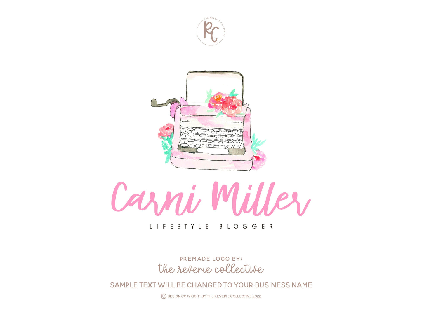 Carni Miller | Premade Logo Design | Typewriter, Colorful, Writer, Floral, Girly, Author