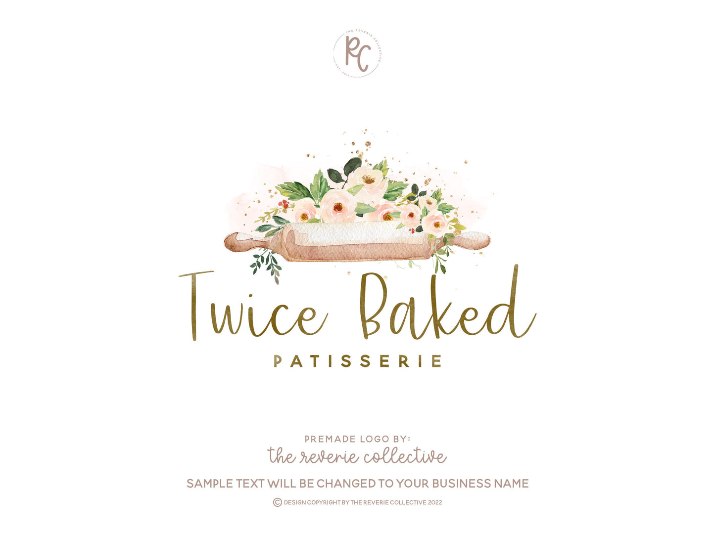 Twice Baked | Premade Logo Design | Rolling Pin, Floral, Farmhouse, Kitchen, Bakery