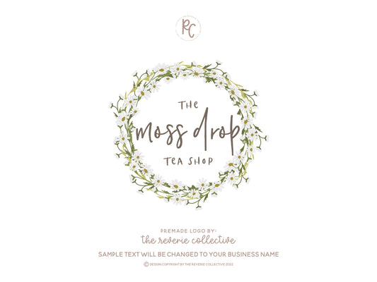 The Moss Drop Tea Shop | Premade Logo Design | Wreath, Daisy, Farmhouse
