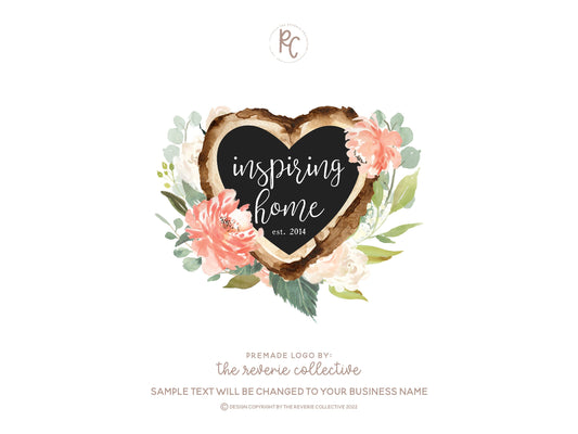 Inspiring Home | Premade Logo Design | Wood Slice, Heart, Farmhouse, Floral, Decor