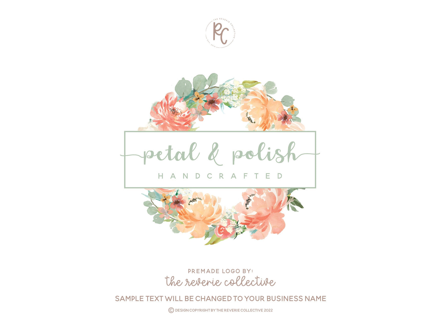 Petal & Polish | Premade Logo Design | Watercolor Floral, Farmhouse, Wreath, Shabby Chic