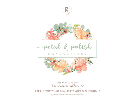 Petal & Polish | Premade Logo Design | Watercolor Floral, Farmhouse, Wreath, Shabby Chic