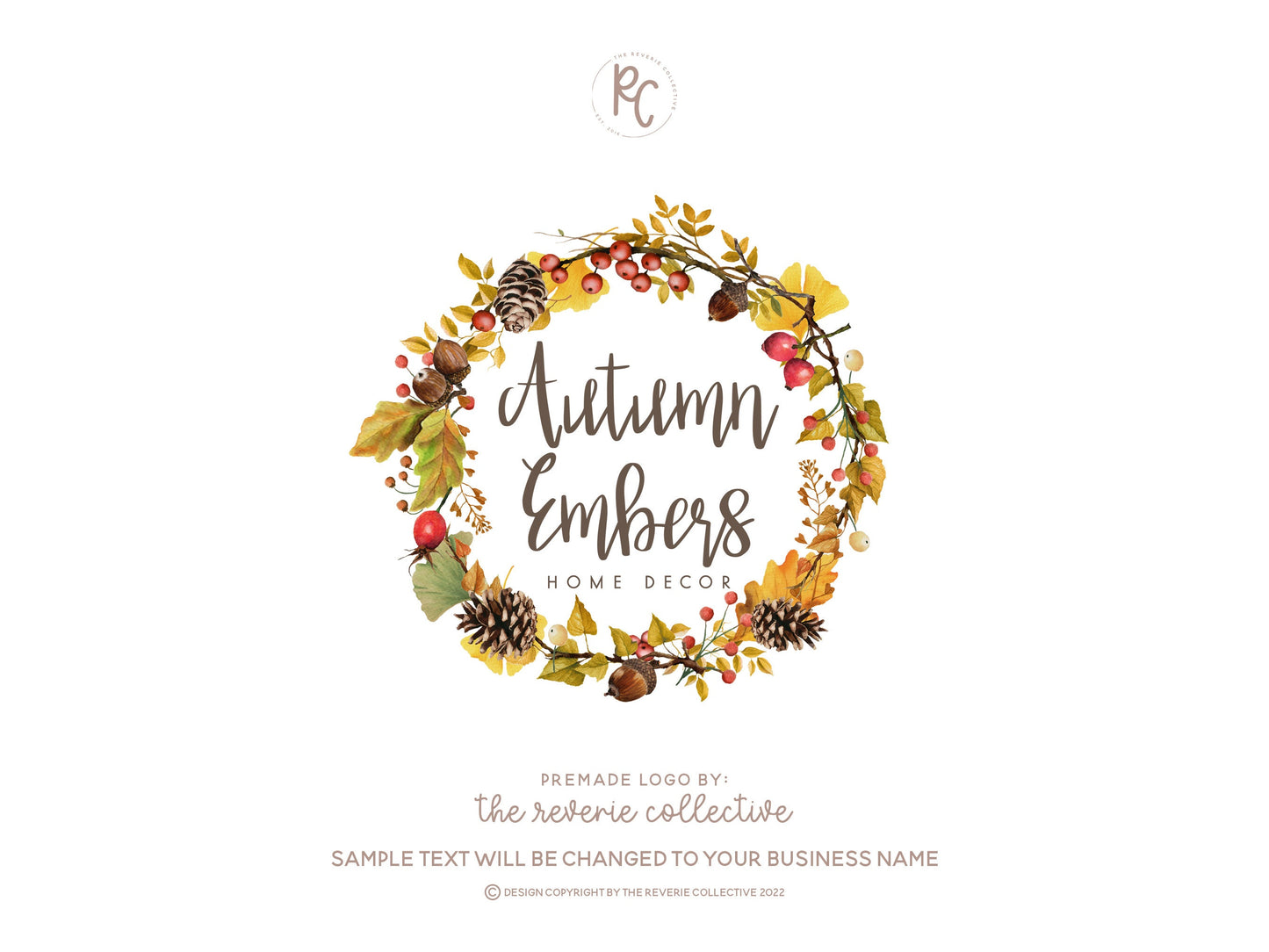 Autumn Embers | Premade Logo Design | Fall, Rustic, Wreath, Pinecone, Acorn