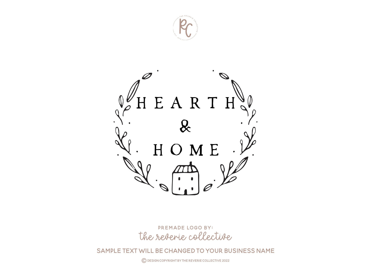 Hearth & Home | Premade Logo Design | Rustic Floral, Hand Drawn, Wreath, House