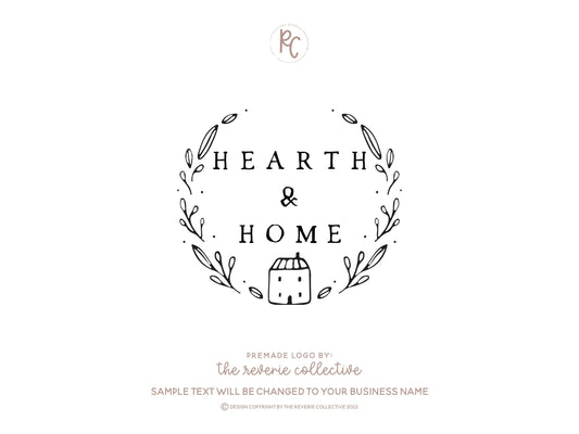 Hearth & Home | Premade Logo Design | Rustic Floral, Hand Drawn, Wreath, House