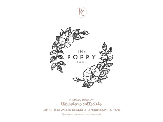 The Poppy Florist | Premade Logo Design | Floral, Hand Drawn, Wreath, Minimal