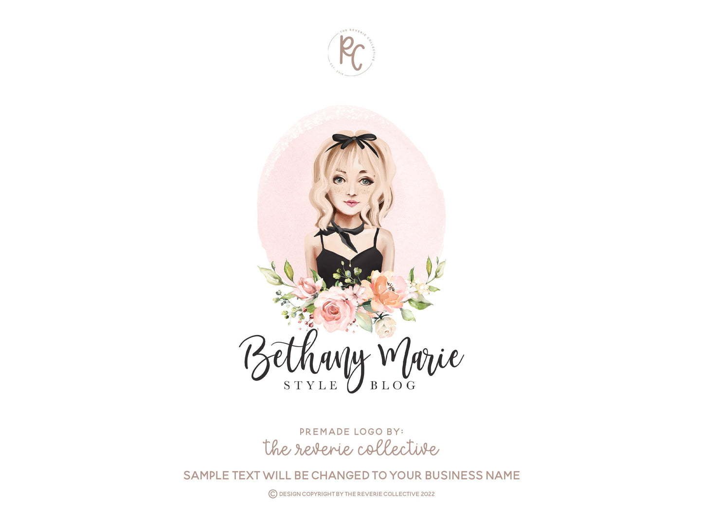 Bethany Marie | Premade Logo Design | Blonde Girl, Woman, Floral, Black Bow, Beauty