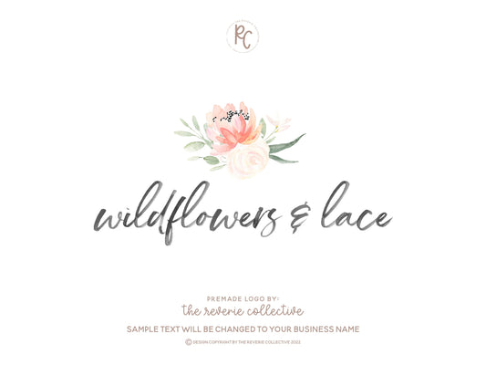 Wildflowers & Lace | Premade Logo Design | Watercolor Floral, Pastel, Farmhouse, Handwritten