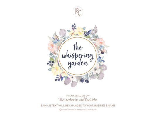 The Whispering Garden | Premade Logo Design | Wreath, Floral, Shabby Chic, Pastel