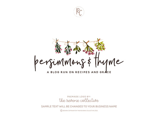 Persimmons & Thyme | Premade Logo Design | Herbs, Clothes Line, Food, Watercolor