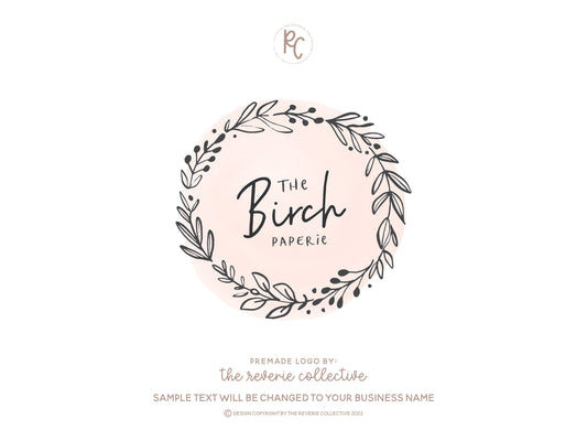 The Birch Paperie | Premade Logo Design | Watercolor, Farmhouse, Wreath, Hand Drawn