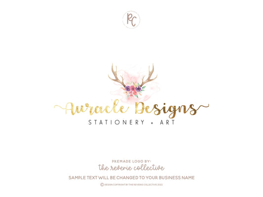 Auracle Designs | Premade Logo Design | Antler, Gold Foil, Calligraphy