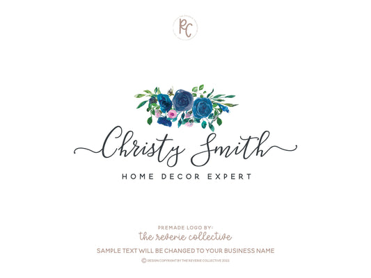 Christy Smith | Premade Logo Design | Blue Roses, Farmhouse, Watercolor Floral