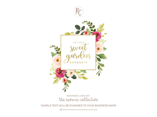 Sweet Garden | Premade Logo Design | Watercolor Rose, Floral, Frame, Gold Foil