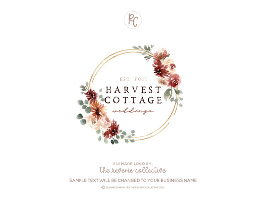 Harvest Cottage | Premade Logo Design | Autumn, Floral Bouquet, Gold Foil