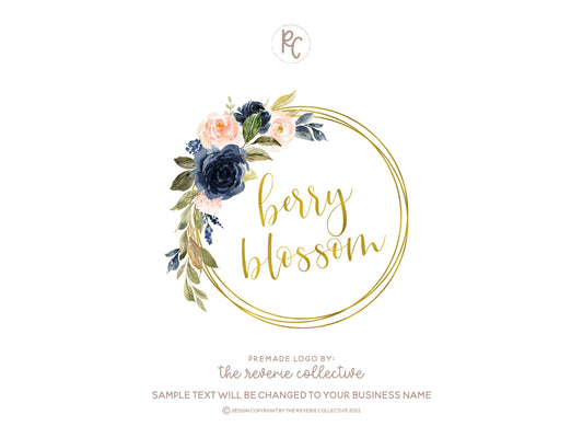Berry Blossom | Premade Logo Design | Floral, Blue Rose, Botanical, Gold Foil, Garden