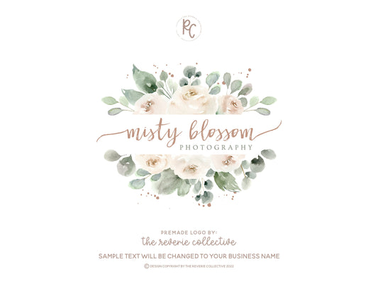 Misty Blossom | Premade Logo Design | White Roses, Farmhouse, Floral, Shabby Chic