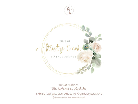 Misty Creek | Premade Logo Design | White Rose, Eucalyptus, Gold Frame, Florist