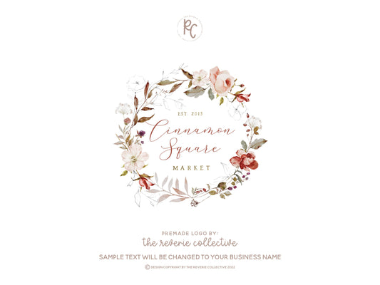 Cinnamon Square | Premade Logo Design | Wreath, Autumn, Floral, Farmhouse, Elegant
