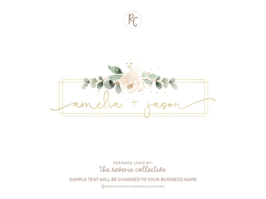 Amelia + Jason | Premade Logo Design | Floral, Wedding, White Rose, Gold Frame