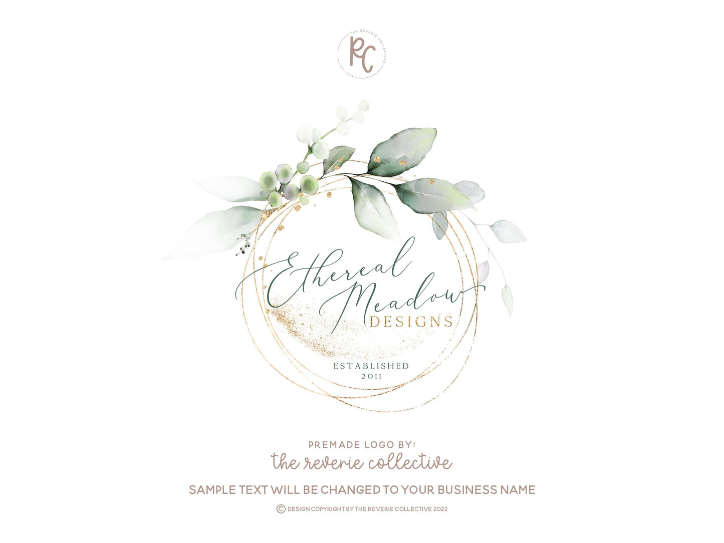 Ethereal Meadow | Premade Logo Design | Botanical, Gold Circle, Greenery, Eucalyptus