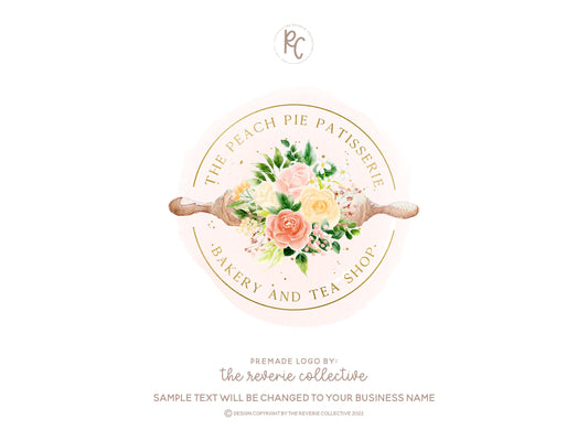 The Peach Pie Patisserie | Premade Logo Design | Rolling Pin, Bakery, Baking, Floral